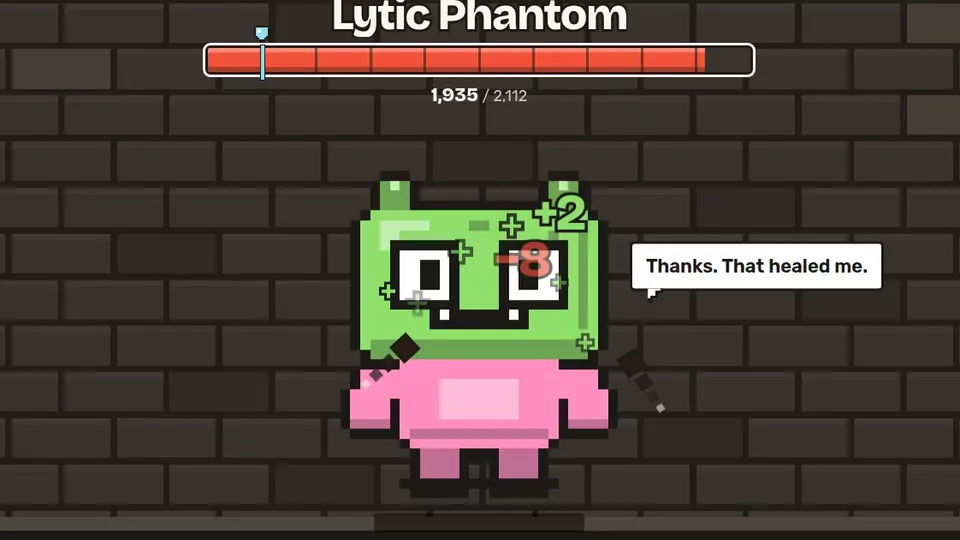 The Boss Battle projector: a pixel monster in a dungeon, under its health bar.