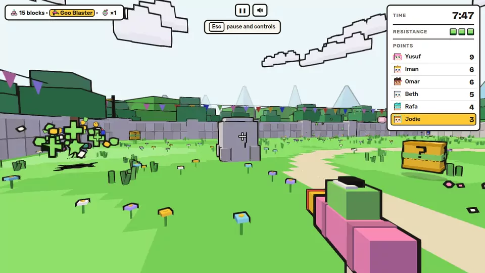 Outbreak on a laptop: a first-person 3D arena, with blocky classmates in the distance.