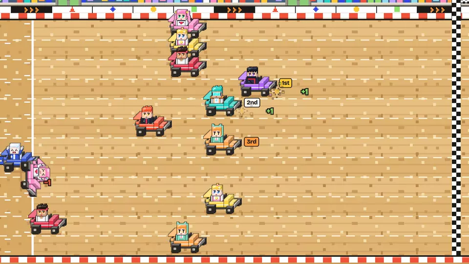 The Racer projector: karts racing on a dirt track.