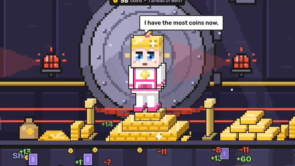 The Sabotage projector: a character in front of a vault full of coins.