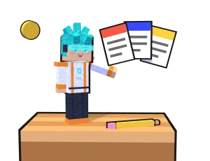 Volt standing on a desk, holding up a fan of question cards.