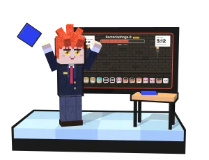 Blaze cheering on a classroom floor, in front of a projector showing Boss Battle.
